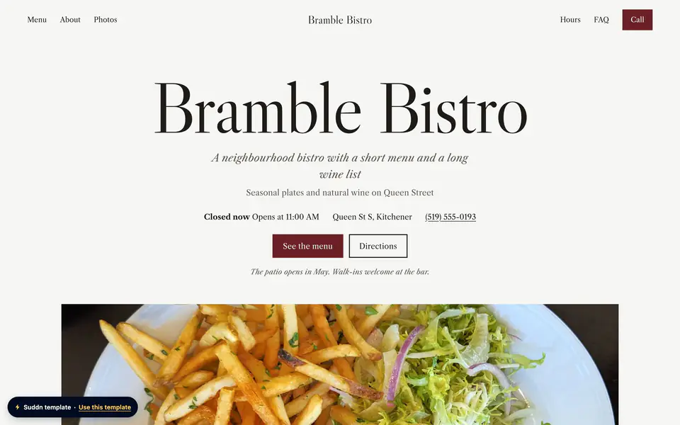 Bramble Bistro, an example bistro website in the Supper theme