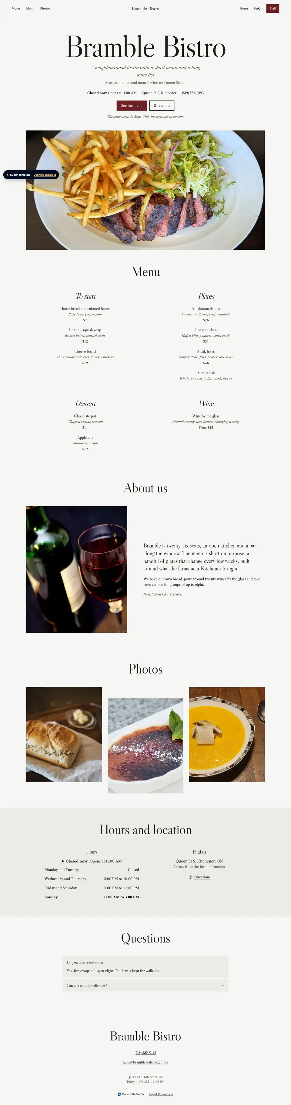 Bramble Bistro, an example bistro website in the Supper theme