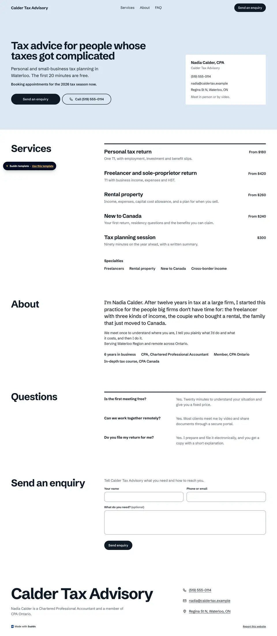 Calder Tax Advisory, an example tax advice website in the Ledger theme