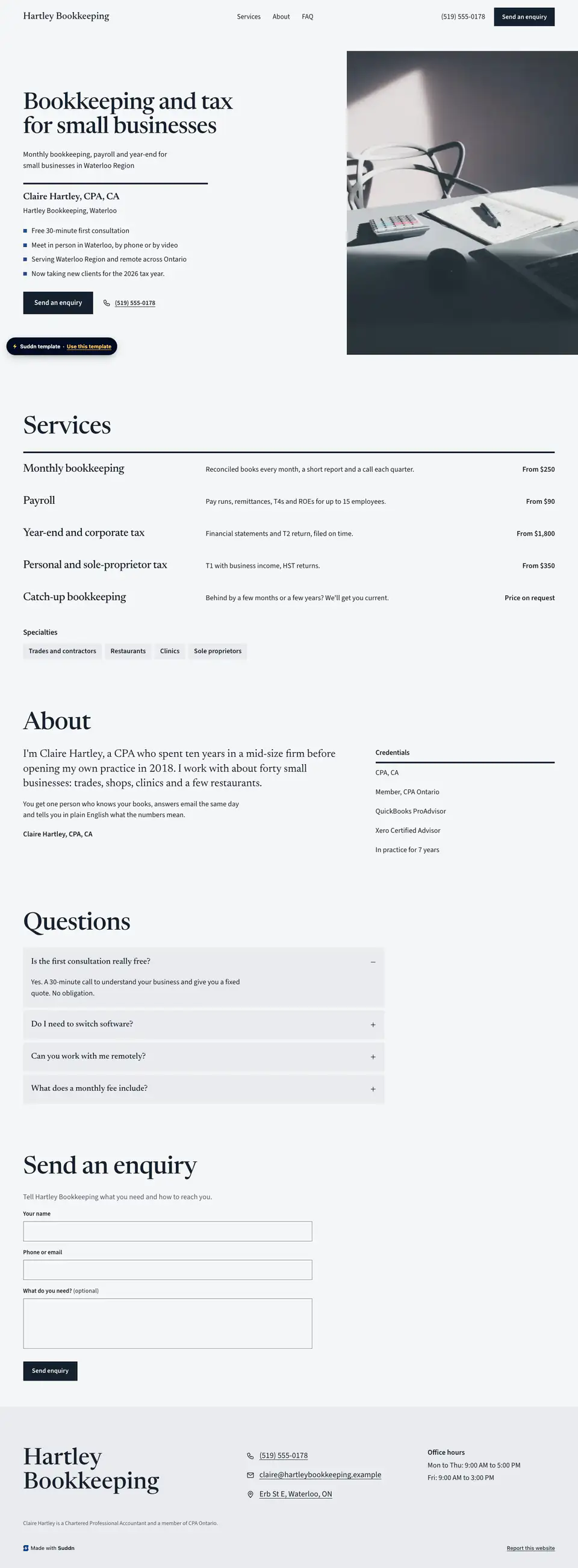 Hartley Bookkeeping, an example bookkeeping website in the Counsel theme