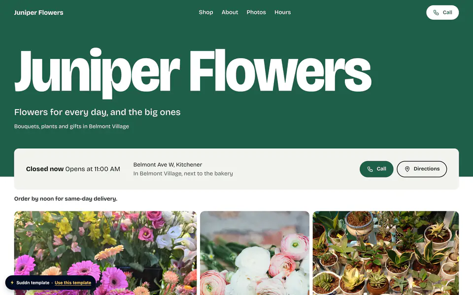 Juniper Flowers, an example flower shop website in the Commons theme