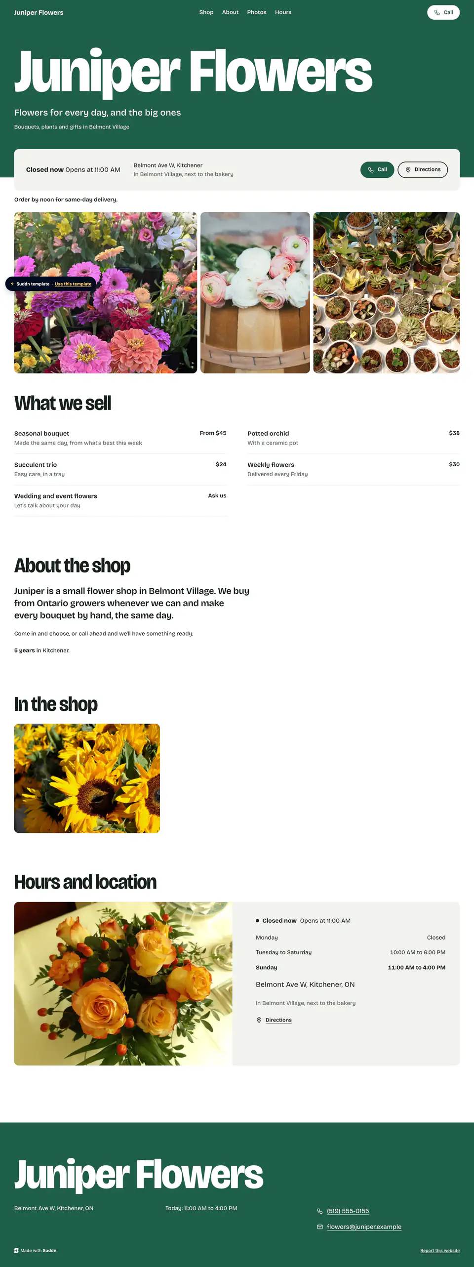Juniper Flowers, an example flower shop website in the Commons theme