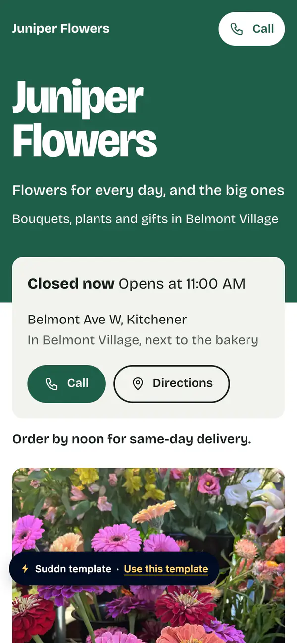 Juniper Flowers, an example flower shop website in the Commons theme