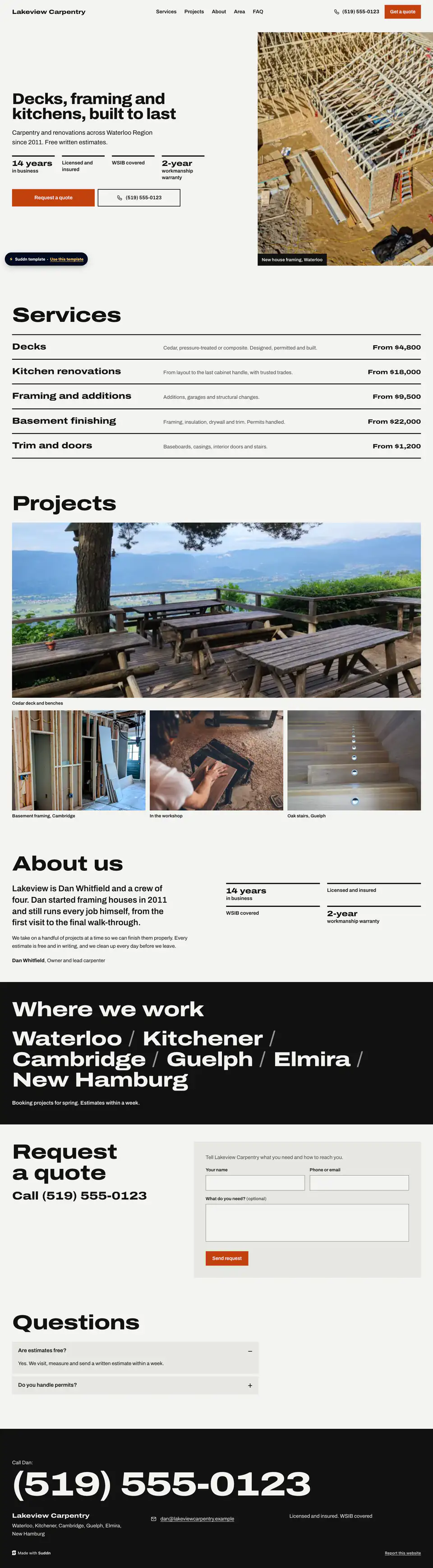 Lakeview Carpentry, an example carpentry website in the Framework theme