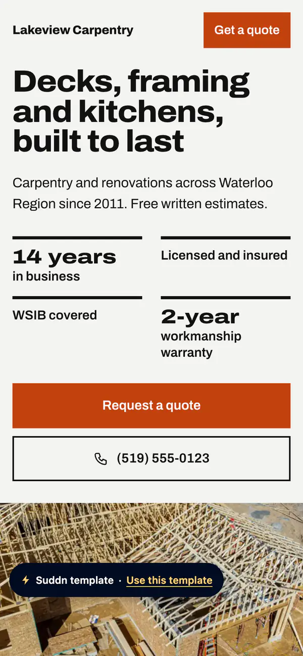 Lakeview Carpentry, an example carpentry website in the Framework theme