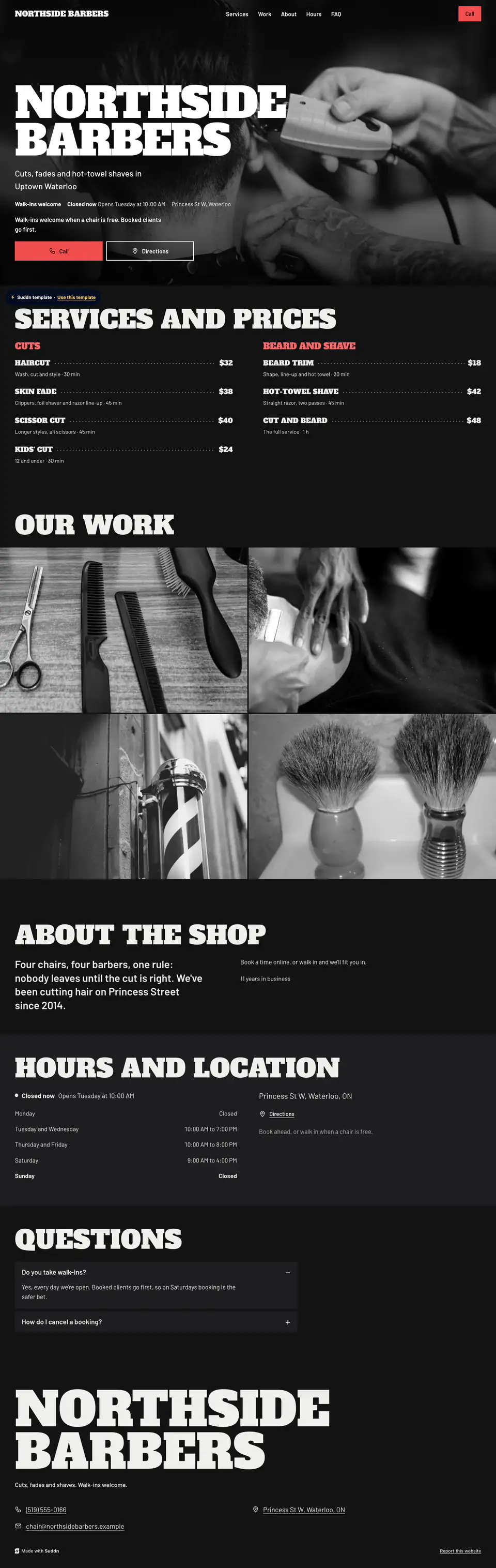 Northside Barbers, an example barbershop website in the Fade theme