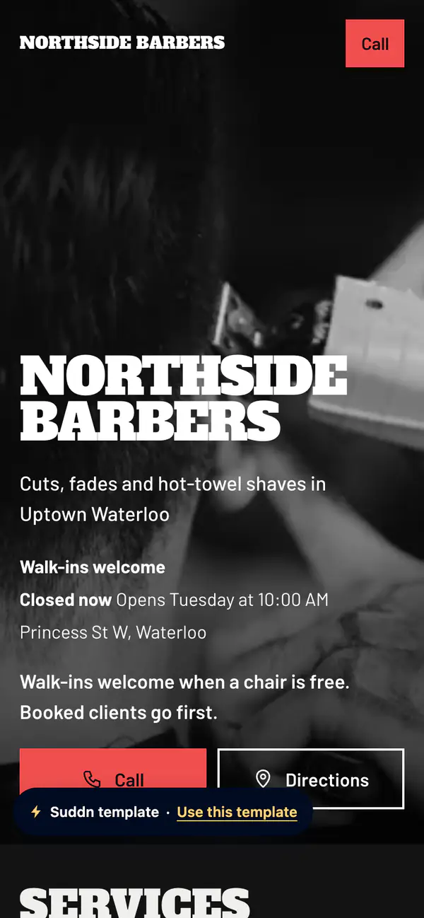 Northside Barbers, an example barbershop website in the Fade theme