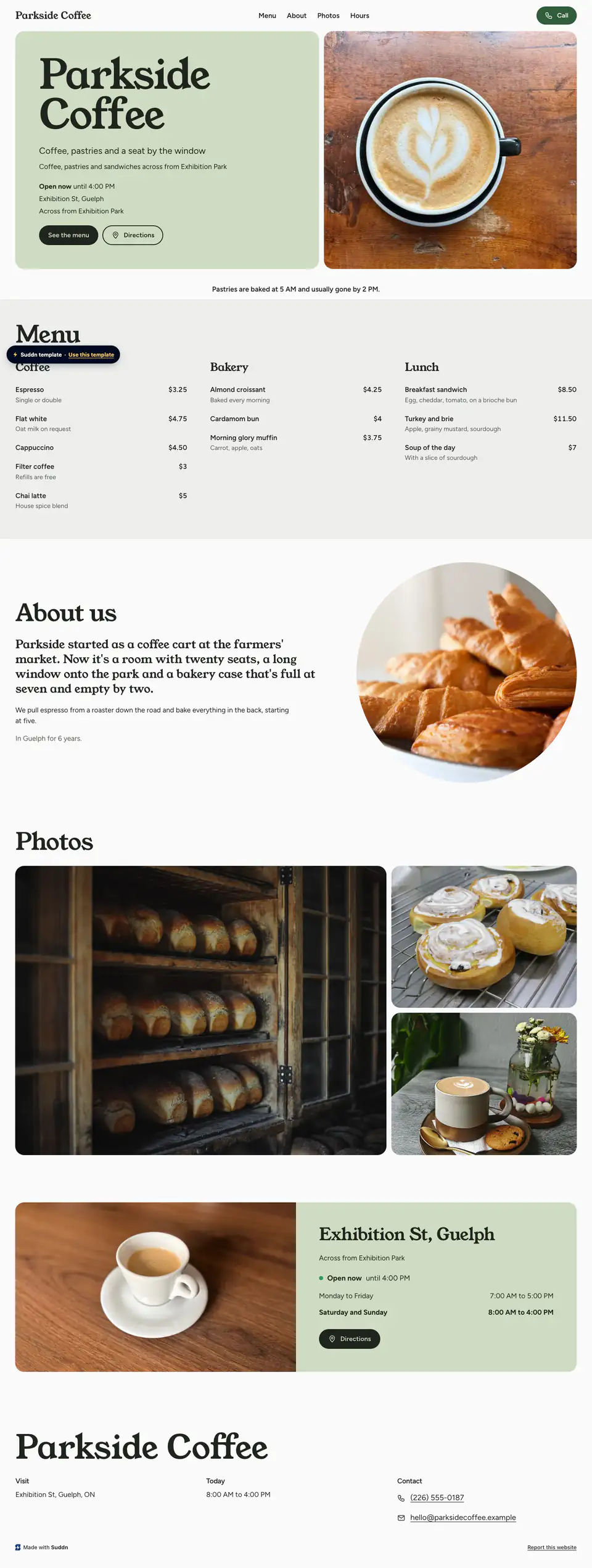 Parkside Coffee, an example café website in the Morning theme