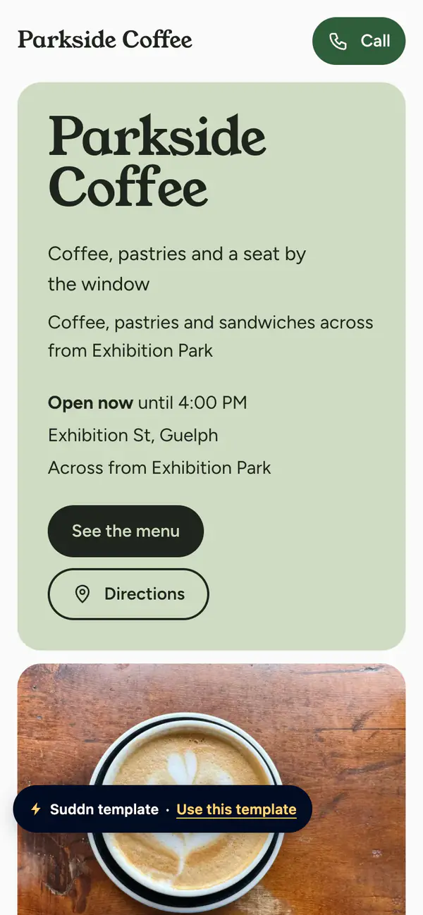Parkside Coffee, an example café website in the Morning theme