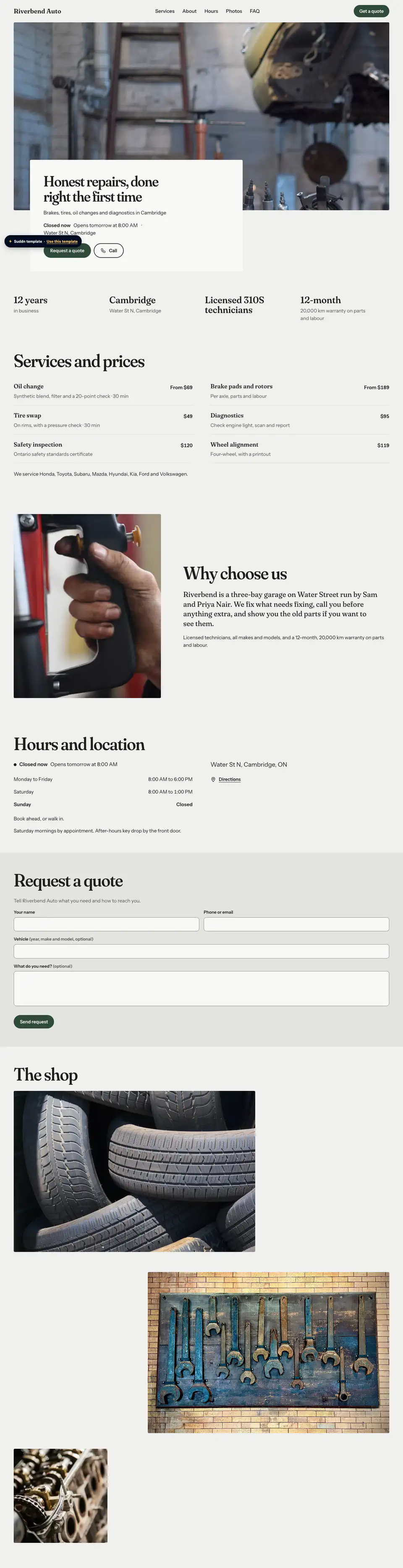 Riverbend Auto, an example auto repair website in the Workshop theme