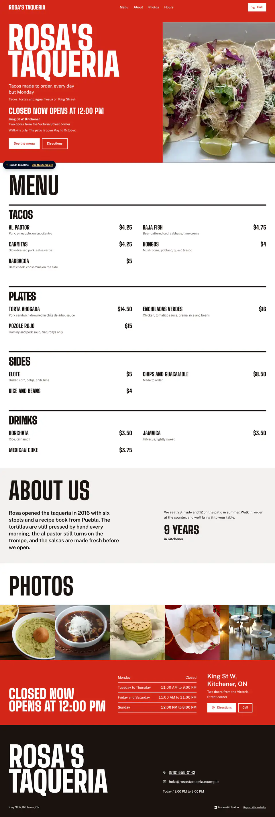 Rosa's Taqueria, an example taqueria website in the Counter theme