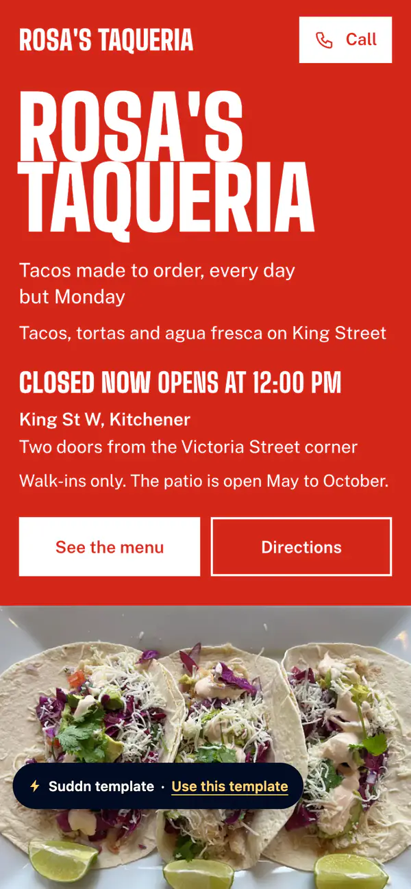 Rosa's Taqueria, an example taqueria website in the Counter theme