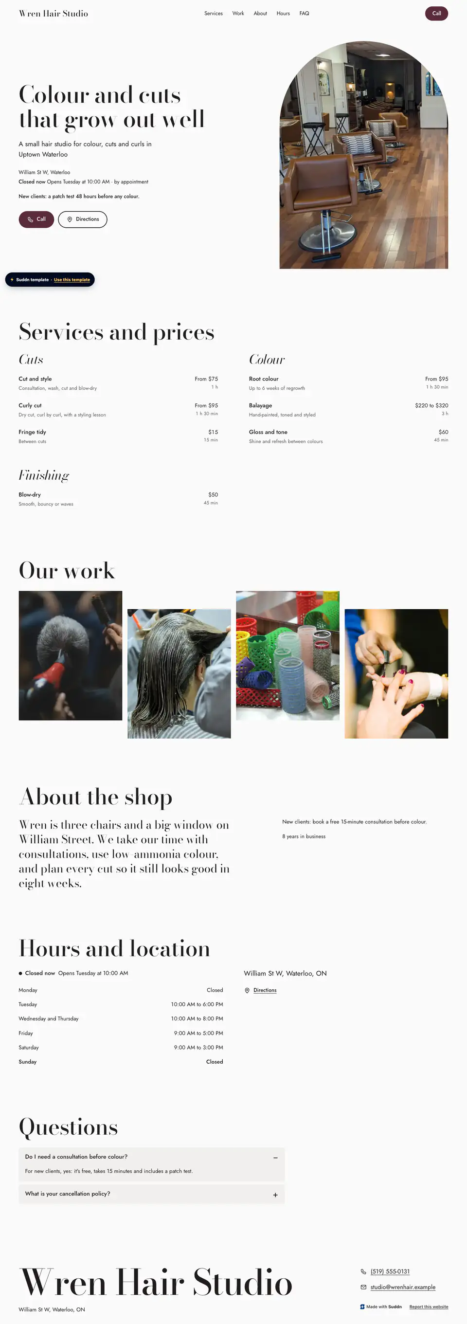 Wren Hair Studio, an example hair salon website in the Parlour theme