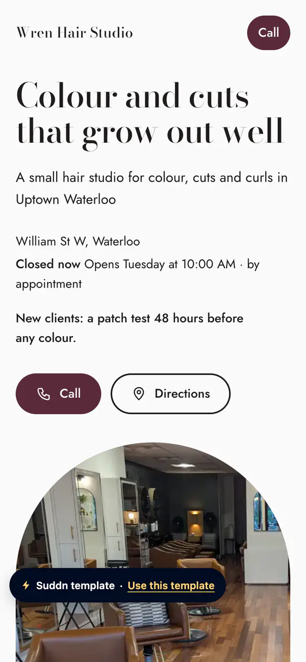 Wren Hair Studio, an example hair salon website in the Parlour theme